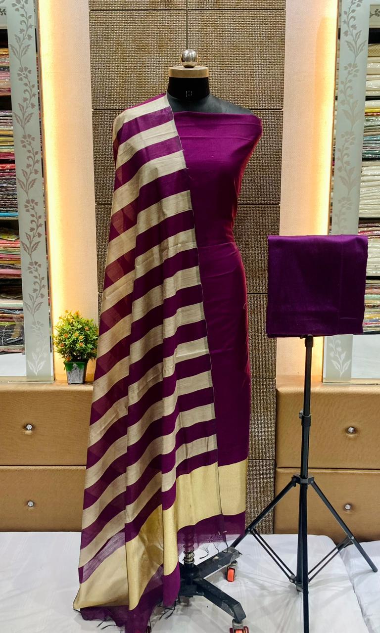 Exclusive Banarasi Unstitched Salwar kameez with Dupatta🦋*   *BANARASI SUIT*cotton suit  *TOP- cotton with zari stripe   *DUPATTA- cotton with zari patta cotton  *BOTTOM-* cotton plain  *2.50 meter each*