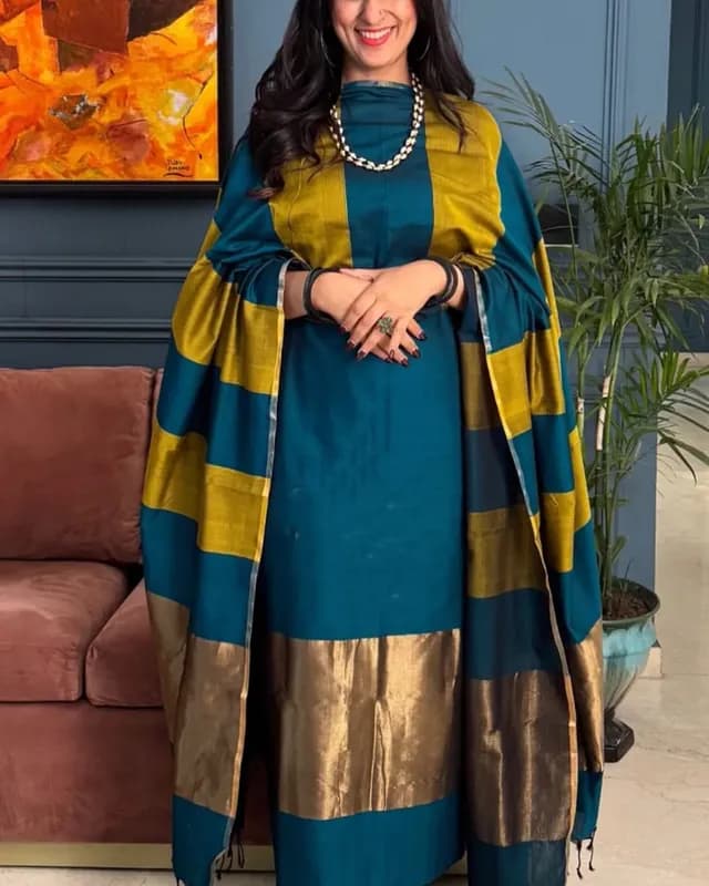 Exclusive Banarasi Unstitched Salwar kameez with Dupatta🦋*   *BANARASI SUIT*cotton suit  *TOP- cotton with zari stripe   *DUPATTA- cotton with zari patta cotton  *BOTTOM-* cotton plain  *2.50 meter each*